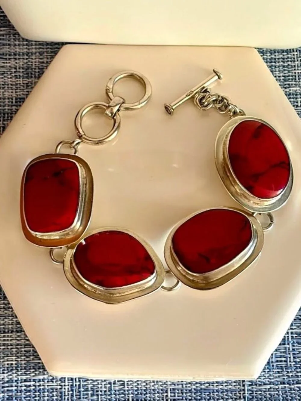 Vintage Taxco Mexico Sterling Silver Red Jasper Necklace & Bracelet Set 99g